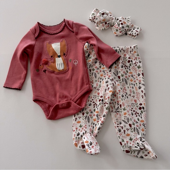 Baby Girl 3 Months Fox Bodysuit Footed Pants Headband Set Outfit Fall Pumpkin - Picture 1 of 4